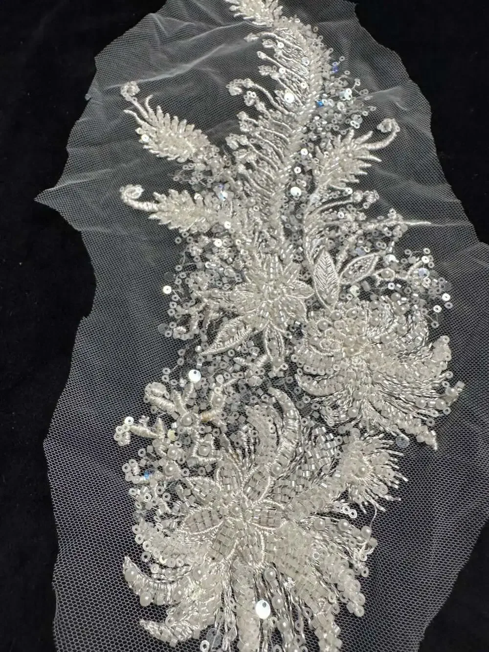Off-White Floral Bead and Sequin Embroidered Bridal Lace Applique Patch